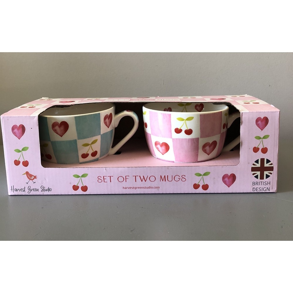 Harvest Green Studio Set Of 2 Hug Mugs‎ Cherry & Hearts  Fine China Cup